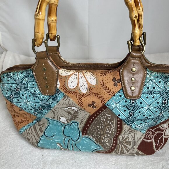 Relic Boho Patchwork Handbag With Bamboo Handles & Leather Accents Retro Style - Picture 3 of 15